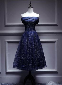 Picture of Navy Blue Lace Off Shoulder Wedding Party Dresses Bridesmaid Dresses,Blue Formal Dresses